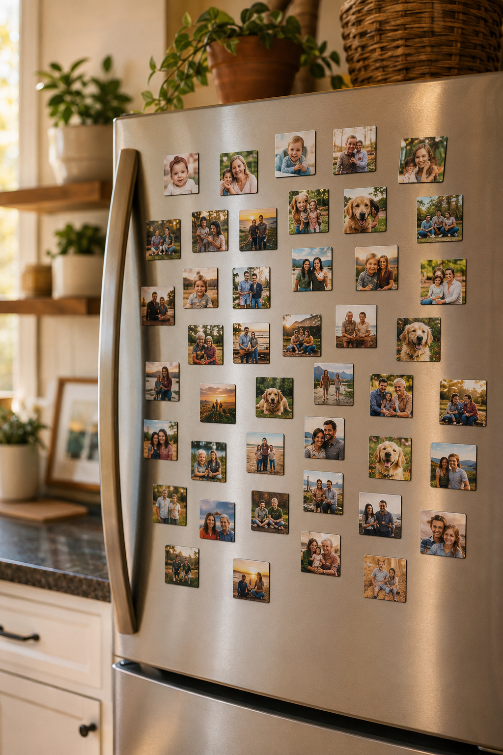 Stainless steel refrigerator with numerous family photos attached as magnets in a kitchen setting.