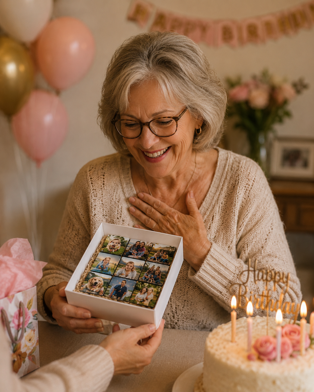 Woman receiving a gift box with photos at a birthday celebration.