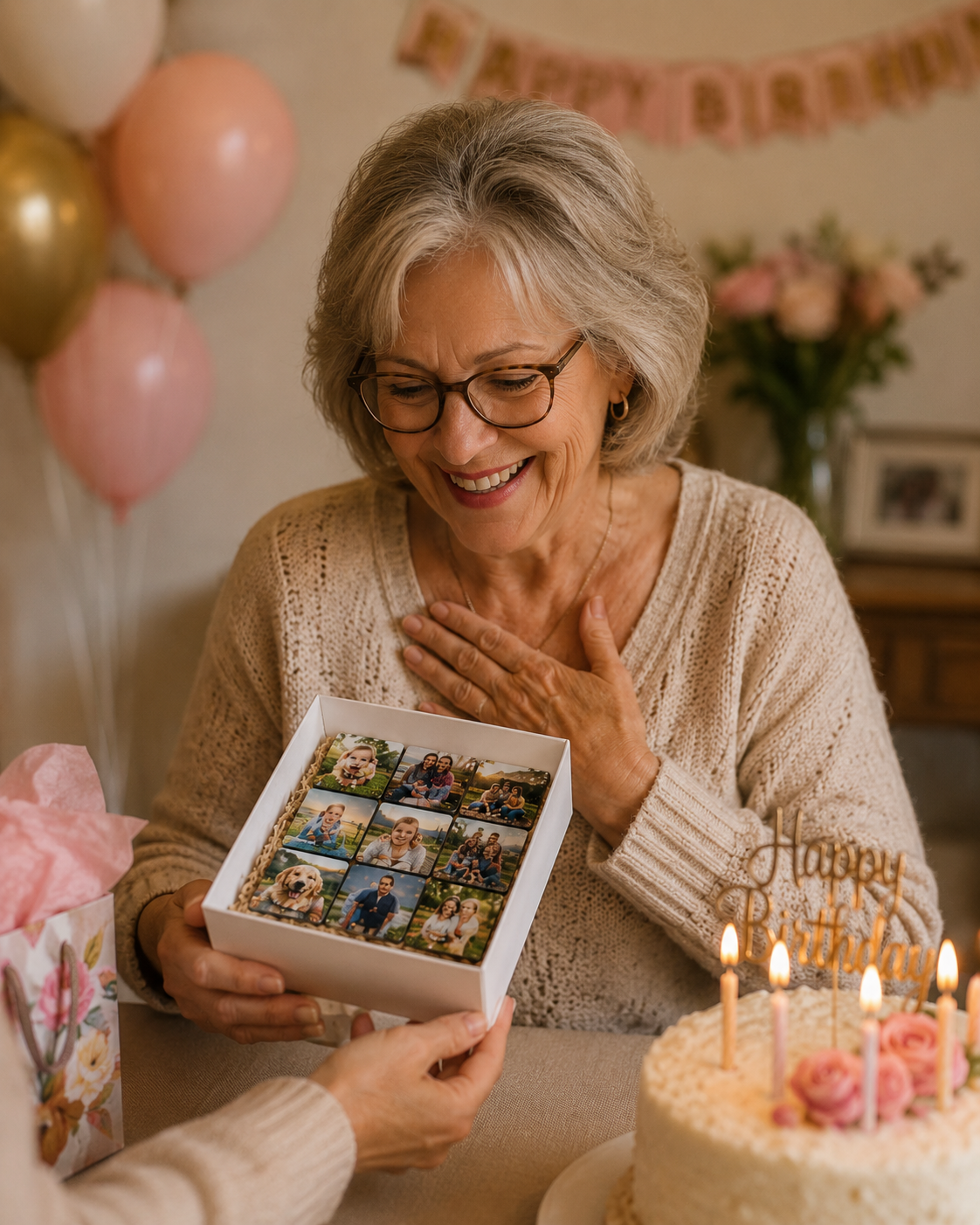 Woman receiving a gift box with photos at a birthday celebration.