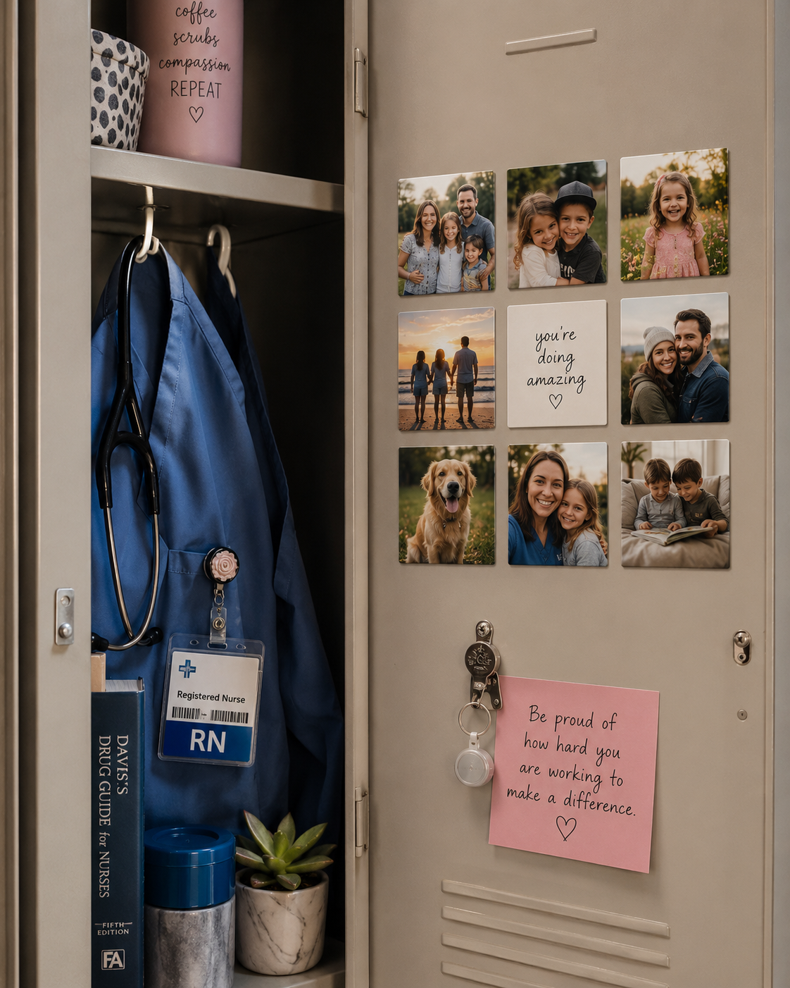 Nurse locker with personal photos on a door